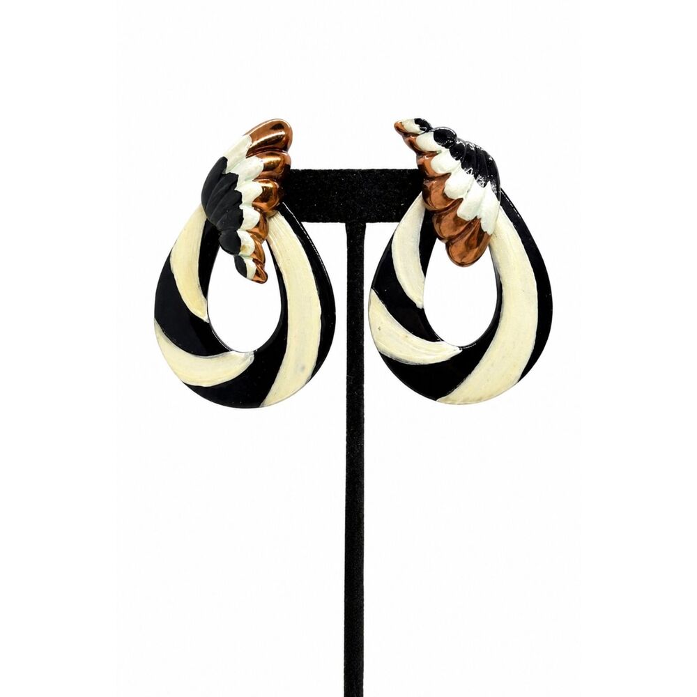 VINTAGE BETTY ASH Earrings Clip On Black Cream Copper Resin 80s Statement